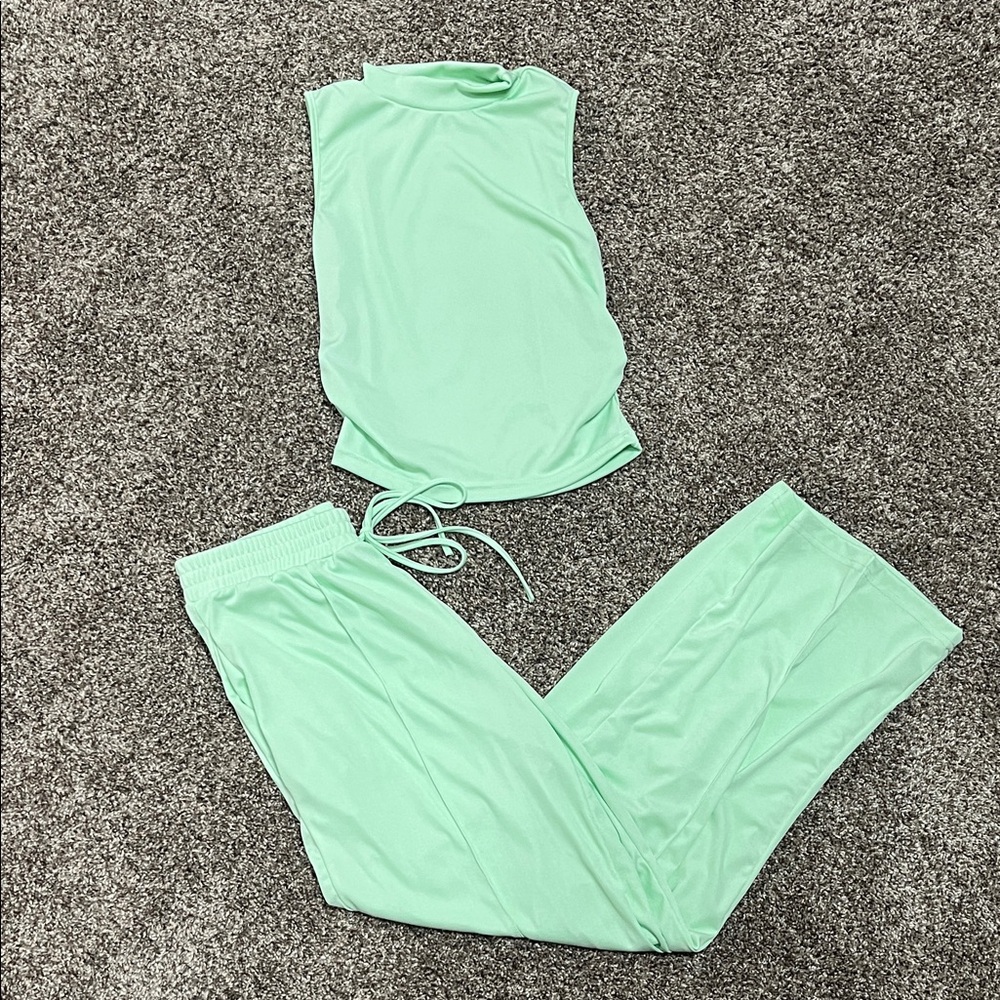 Mint Green Silky Sleeveless Top and Pants Set